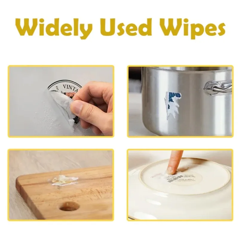 Adhesive remover wet wipes for floor, glass, ceramic, plastic, metal cleaner: glue double-sided tape, marker, label glue, sponge