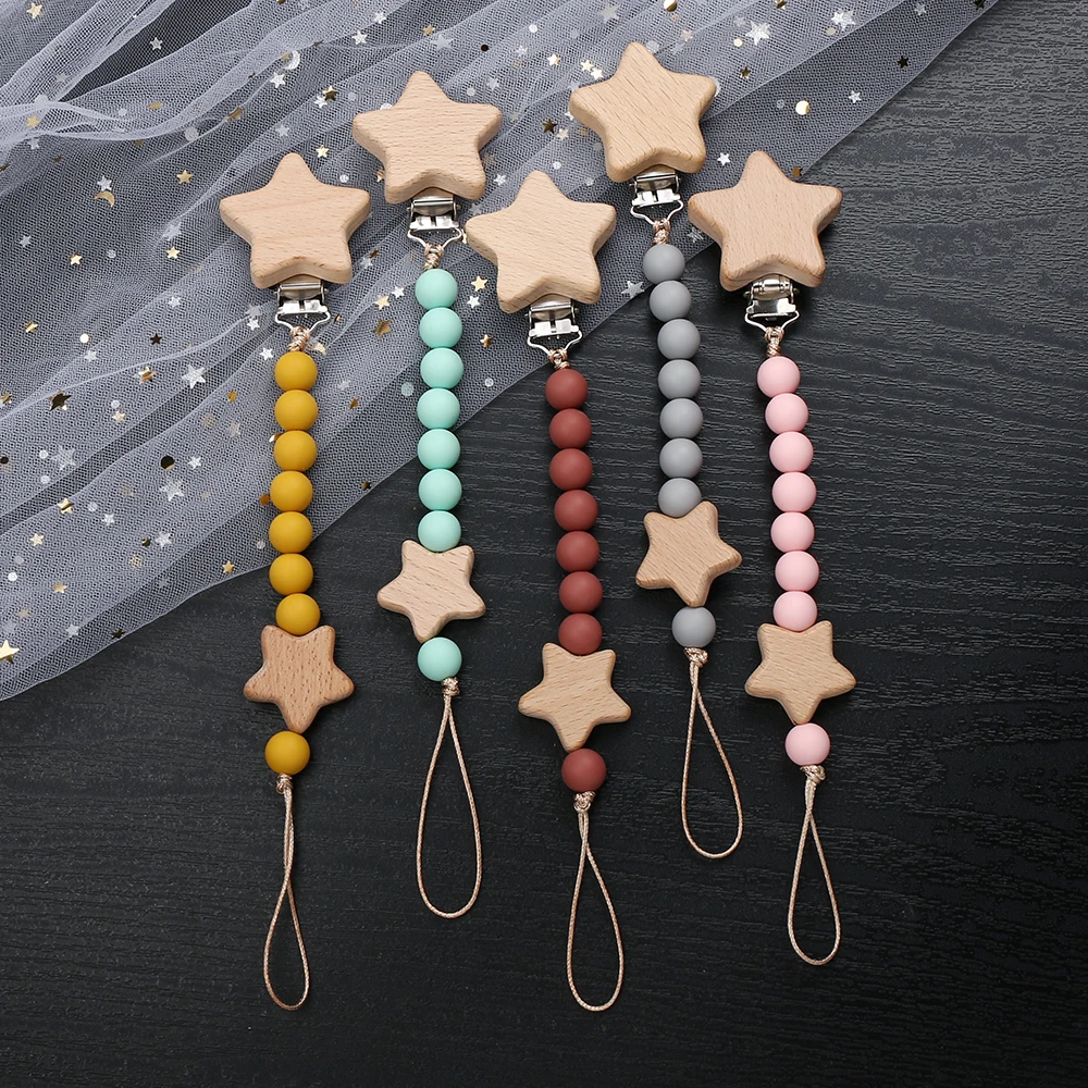 Beech Wooden Star Pacifier Baby Pacifier Clip Nipple Holder Dummy Holder for Baby Nursing Toys Accessory