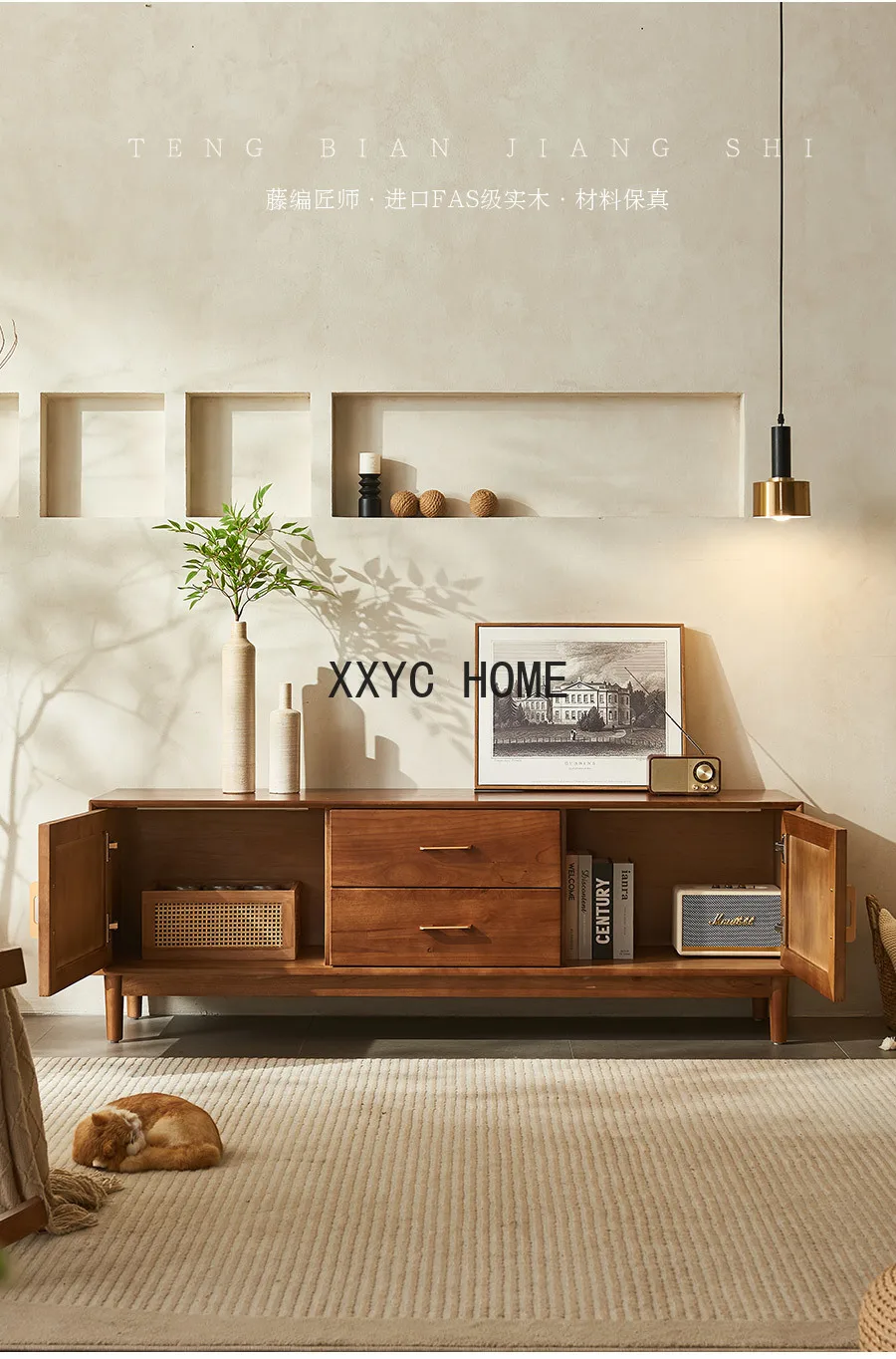 

Solid Wood Rattan TV Cabinet Japanese Living Room Floor Cabinet B & B Rattan Storage Cabinet Storage