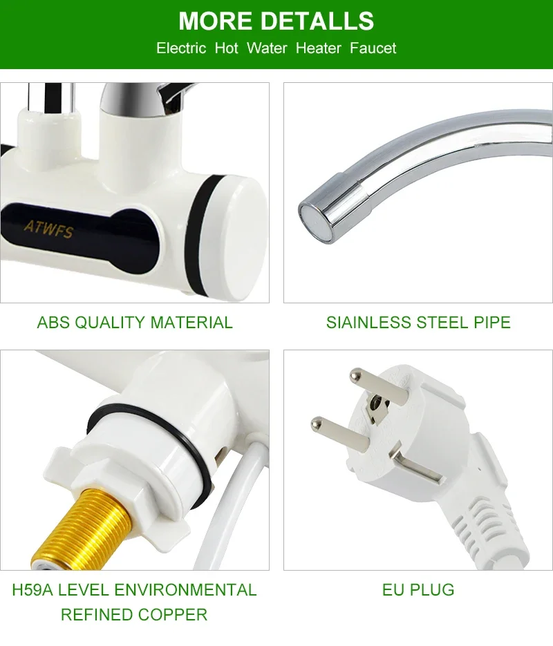 3000W Tankless Water Heater Faucet Shower Instant Tap Heating Hot Water Kitchen and Bathroom
