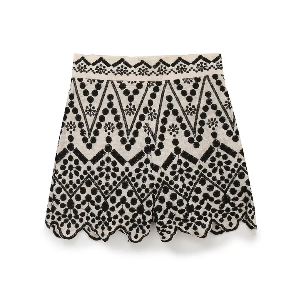Taop&Za's 2024 Summer New Women's Fashion Casual Color Contrast Loose Embroidered Short sleeved Shirt High Waist Shorts Set