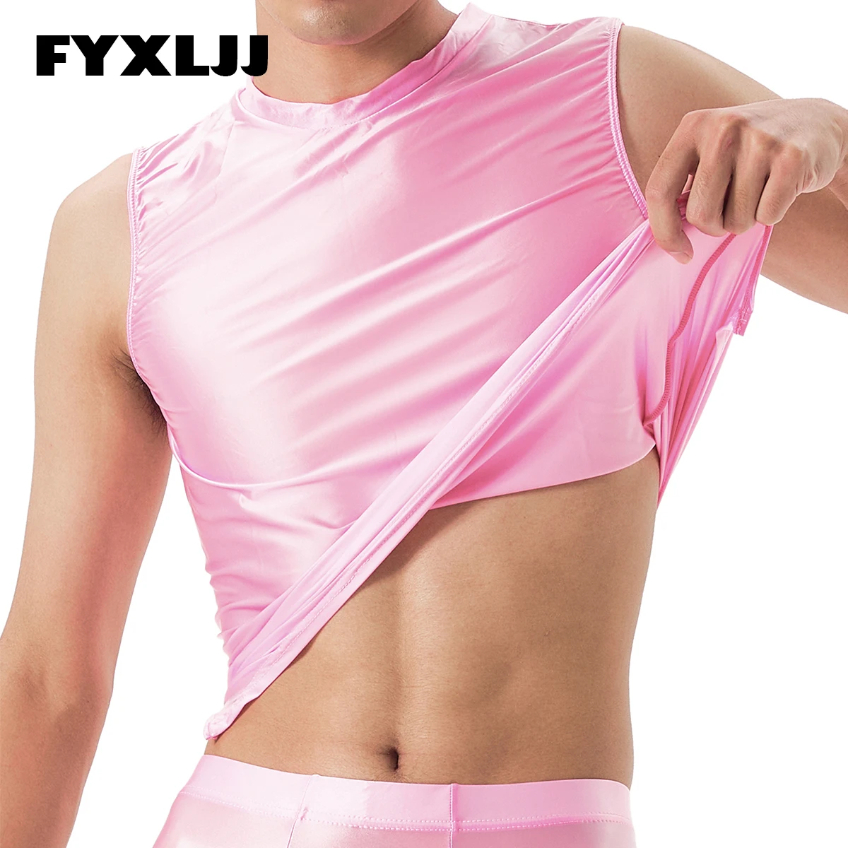 

FYXLJJ Mens Glossy Sleeveless T-shirt Sportwear Oil Shinny Tank Top Solid Color Undershirt Gym Fitness Tops Rave NightClub Wear