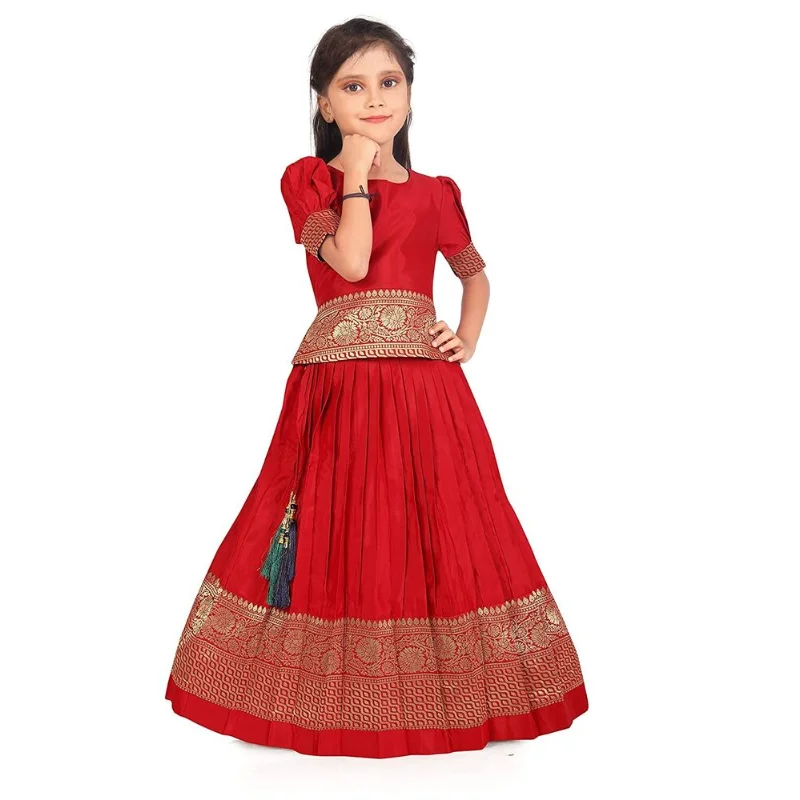 Red Girl Dress Children'S Traditional Indian Pattu Pavadai Lehenga Choli European And American Fashion Trends