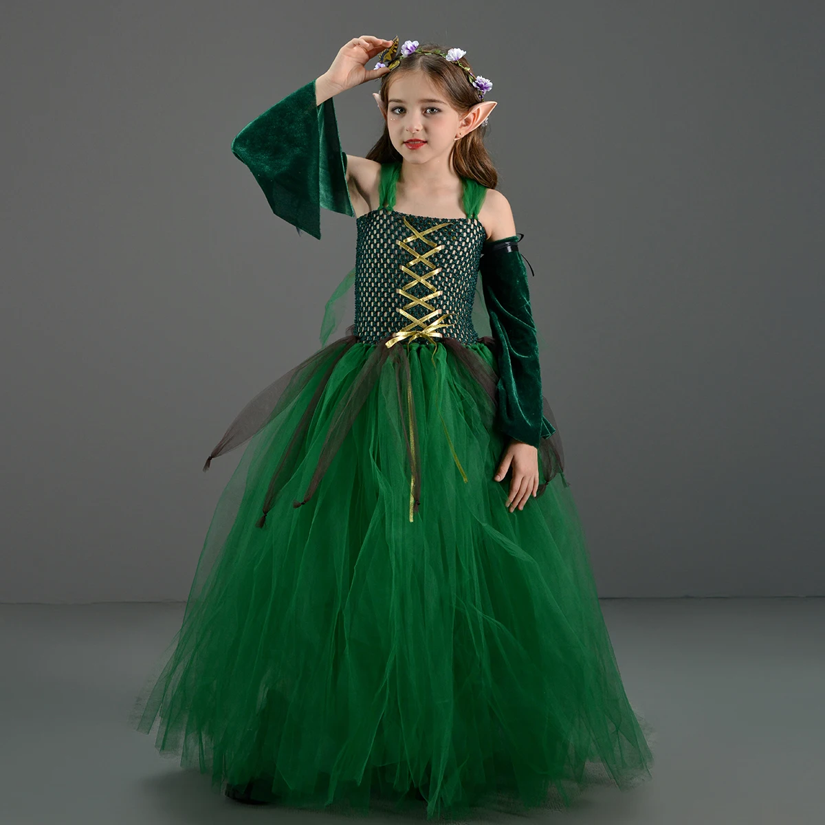 Kids Wood Elf Ball Gown Costume Girls Woodland Festival Green