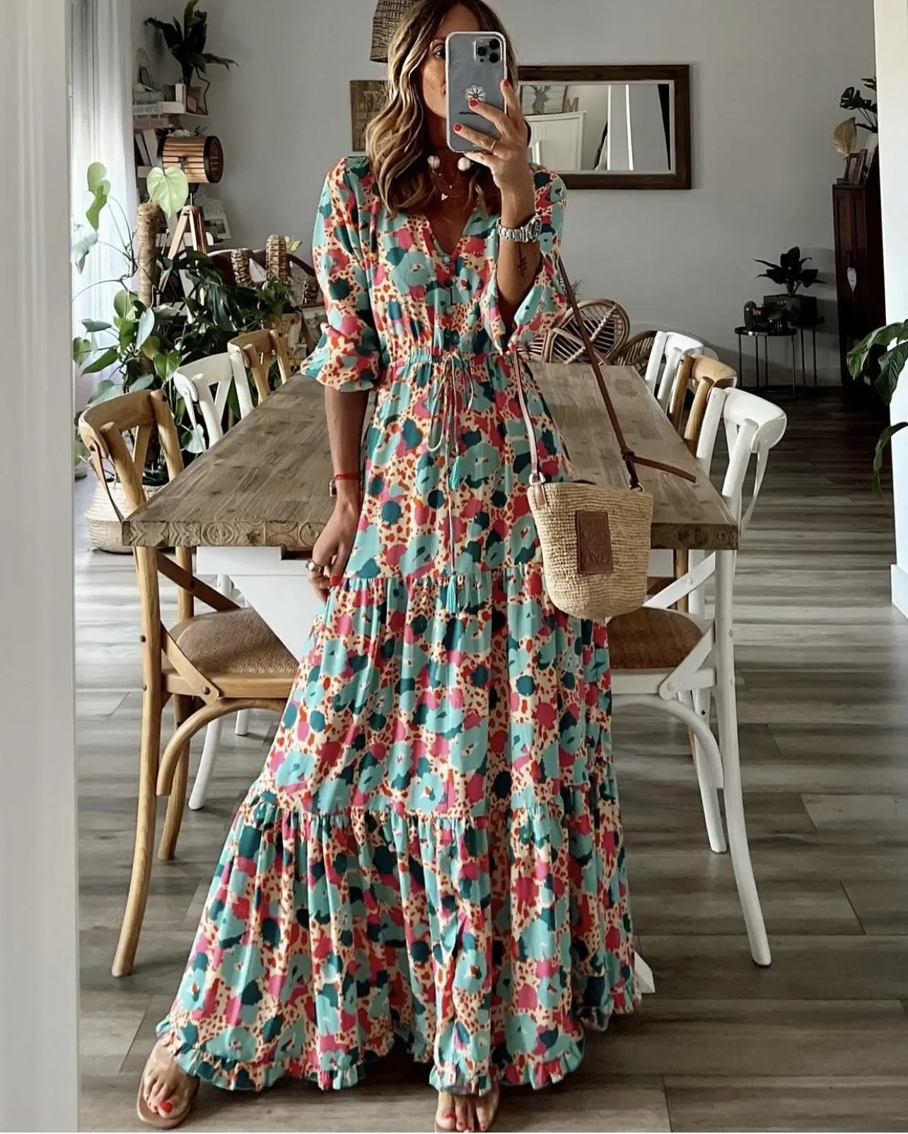 

2023 New Autumn Beach Women's Long Dress V-neck Long Sleeve Elegant Dresses Female Holiday Fashion Loose Casual Clothes Ladies