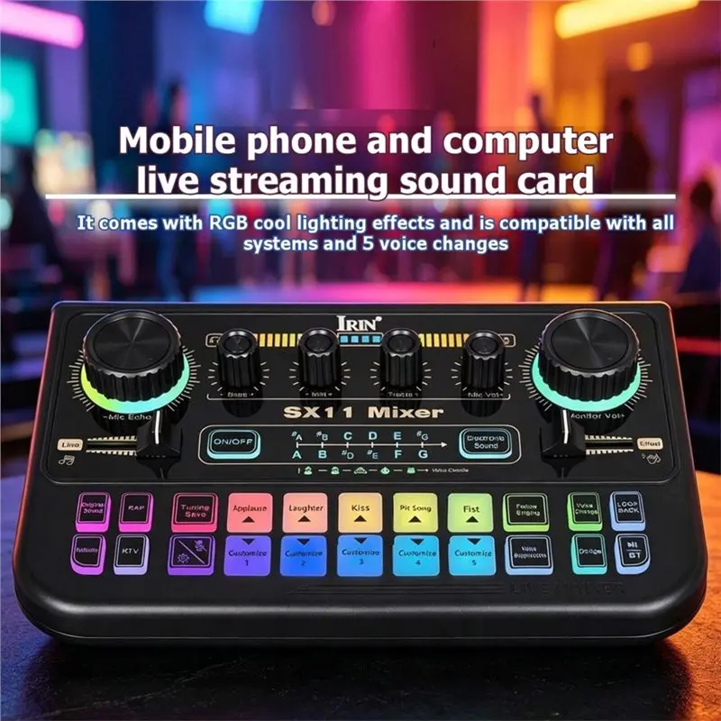 IRIN SX11 DJ 믹서용 호환 라이브 사운드 카드, LED 스크린, 3세그먼트 이퀄라이저, 3.5mm TRRS 인터페이스 포트 탑재