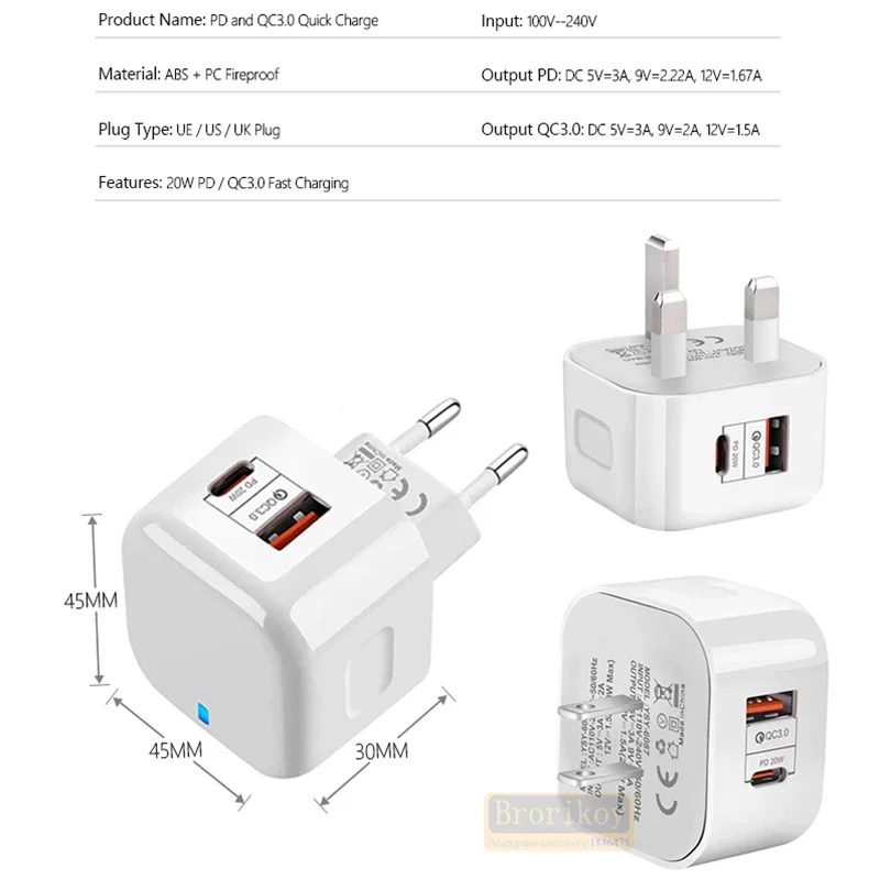 USB 타입 C 충전기, 아이폰 13, 12, 11 프로 맥스, 삼성 S20, S21, S10, S9, 노트 9 용, 20W PD 3.0, QC4.0