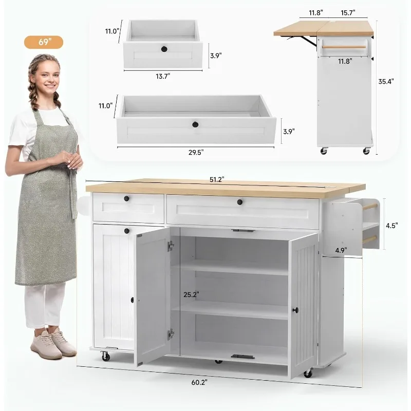 60 "Kitchen island with power outlets and fallen leaves, kitchen rolling island with spice rack and towel rack 3