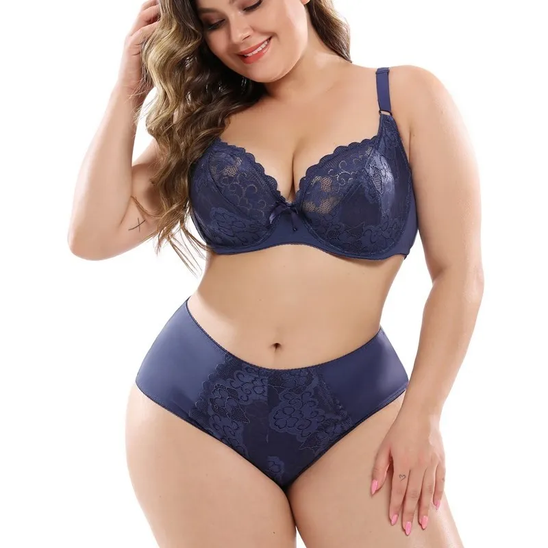 Softrhyme Plus Size Lingerie Set Unlined Full Lace Coverage Bra With Bowknot Ultrathin Floral Panty Underwire Bralettes french knickers set Bra & Brief Sets