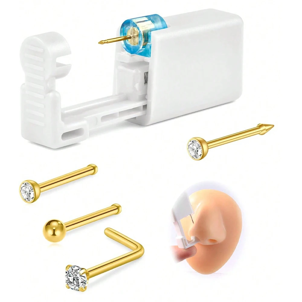 4-teiliges Nasenpiercing-Set mit Nasenstecker, 1 Nasenpiercing-Pistole, Einweg-Nasenpiercing-Set mit geraden L-förmigen Nasenringen – Detail 7