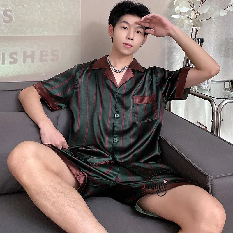 Silk Pajamas Set Men Short Satin Large Size Summer Sleepwear Home Clothes Stripe Big Size 4XL Plaid
