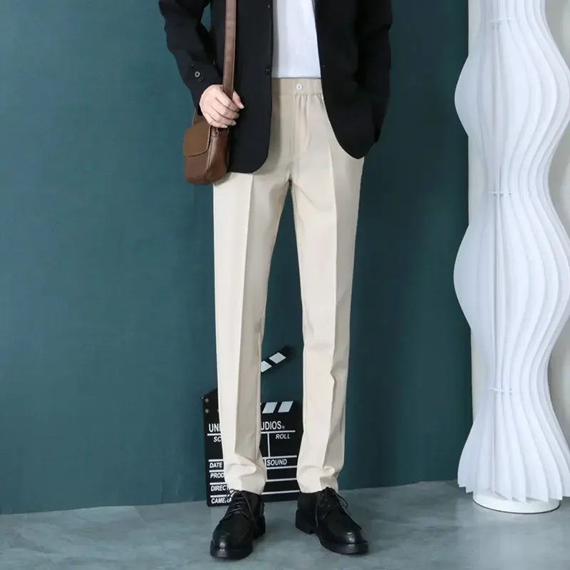 Pantalones de traje para hombre color caqui, pantalones ajustados con diseño trenzado para hombre, ropa marrón de primavera, sastrería, licra, vestido, clásico, novedad en el diseñador