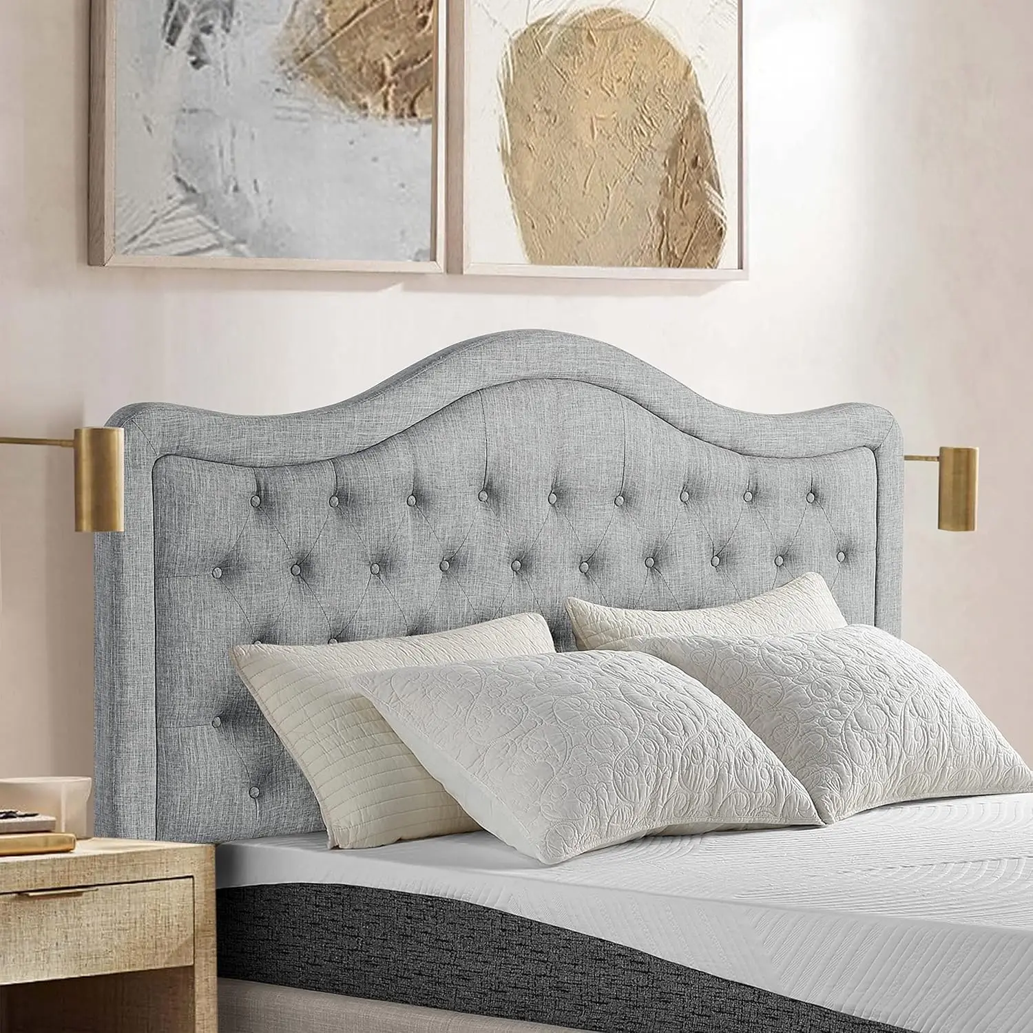 Niana Adjustable Headboard with Fine Linen Upholstery and Button Tufting for Bedroom, King, Wave Top Gray