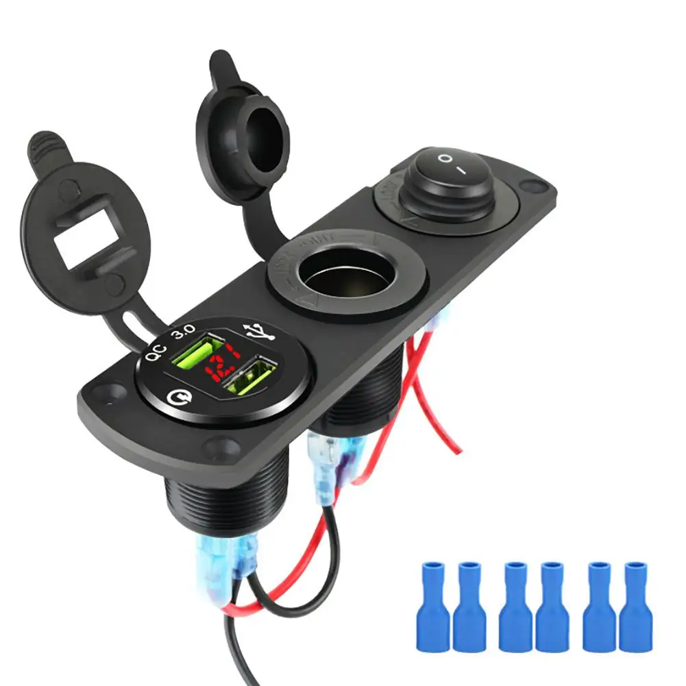 

12-24v Rv Car Charger Socket Cigarette Lighter Waterproof Switch Combination Qc3.0 Quick Charge Dual Usb Socket