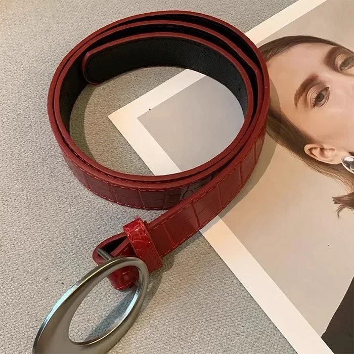 Vintage American Belt Crocodile Lines for Women Men Fashion Pu Leather Punk Metal Buckle Jeans Pants Advanced Red Waist Belts