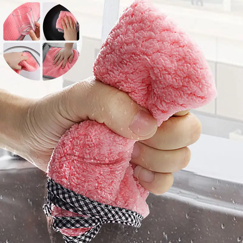 1/5pcs Coral Velvet Dish Towel, Hanging Loop Rag, Non-stick Oil Dish Cloth,  Double-sided Absorbent Thickening Scouring Pad, Kitchen Cleaning Appliance