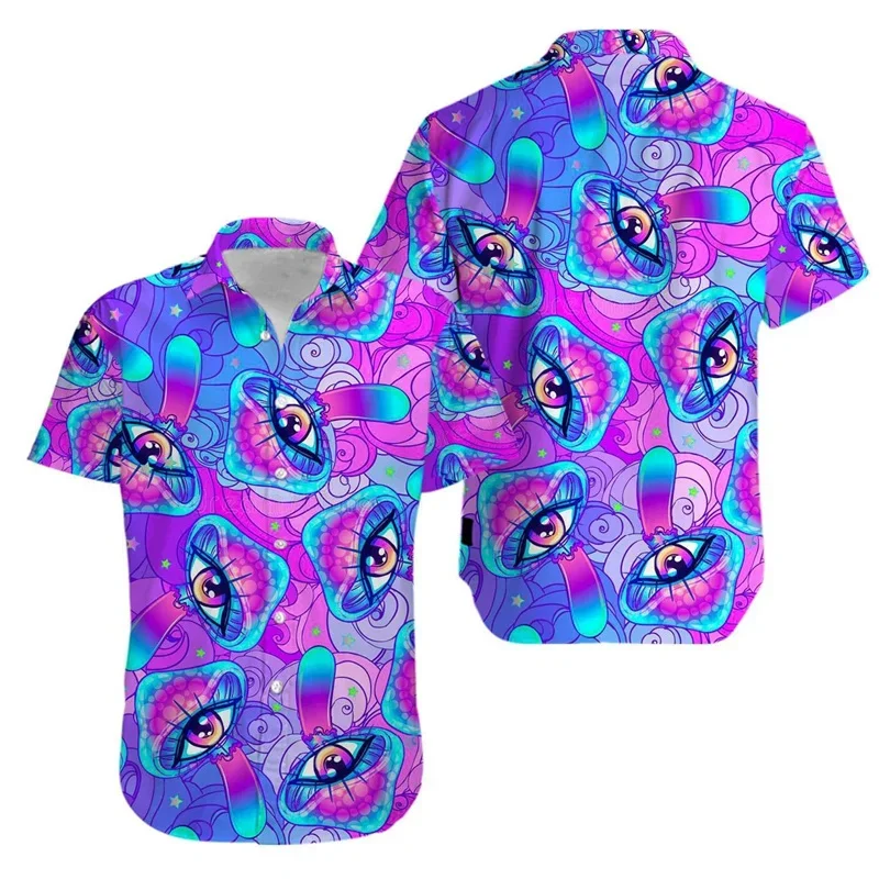 thumbnail image 1 of Camisa hawaiana con estampado 3D de hongos mágicos para hombre, blusa con patrón psicodélico de arcoíris, camisas hawaianas de manga corta con solapa suelta de verano, 1 of 4