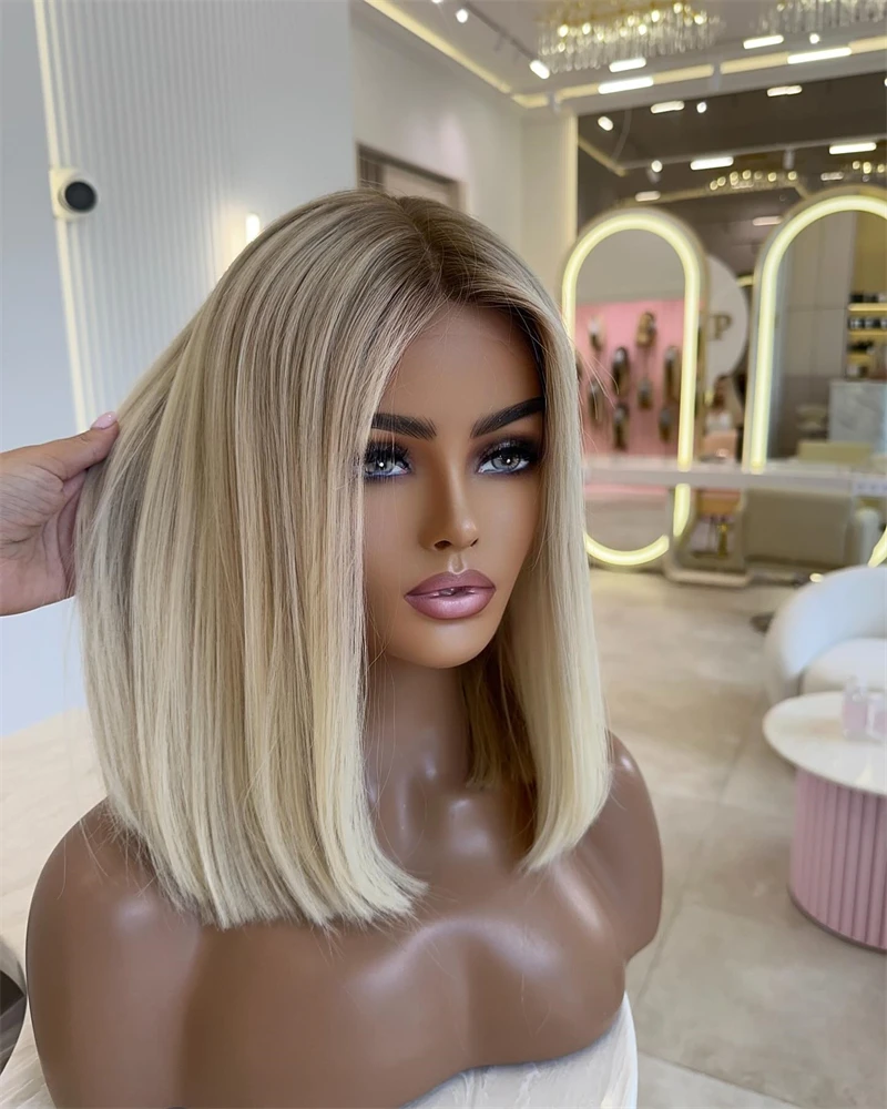 Synthetic Wigs Ash Roots Ombre Blonde Short Straight For Lady Girl Women Cosplay High Temperature Natural Fake Hair