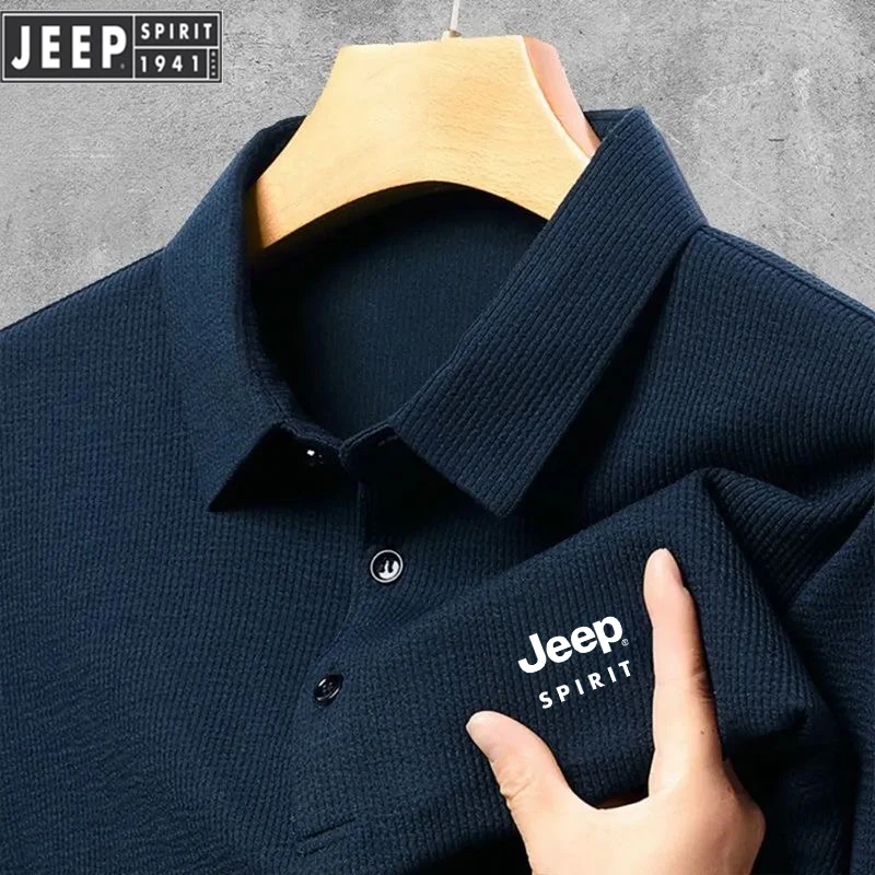 Polo Shirt Embroidered JEEPSPIRIT Autumn Waffle Fabric Polo Shirt Men's Breathable Top Business Casual Long Sleeved Polo-shirt for Men