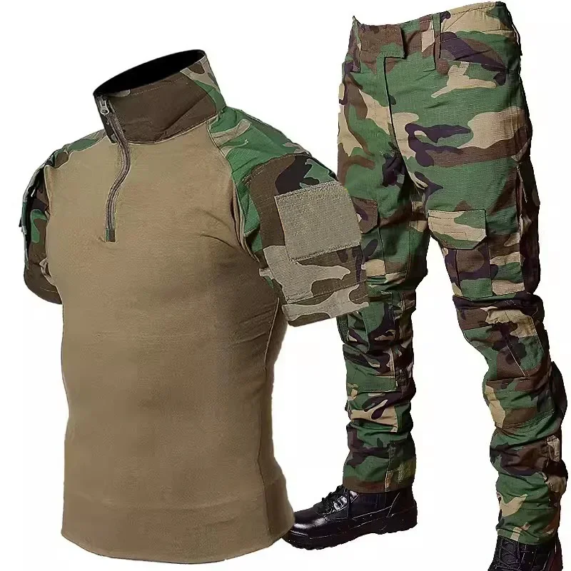 Tactical suit tactical shirt combat uniform Men Breathable Short Sleeve Tshirts + Outdoor Multi-pocket Cargo Pants 2 Pcs Suits