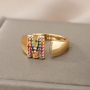 Rainbow Zircon Letter Rings For Women Fashion Chunky Wide Letter A-Z Stainless Steel Ring Wedding Boho Jewelry free shipping