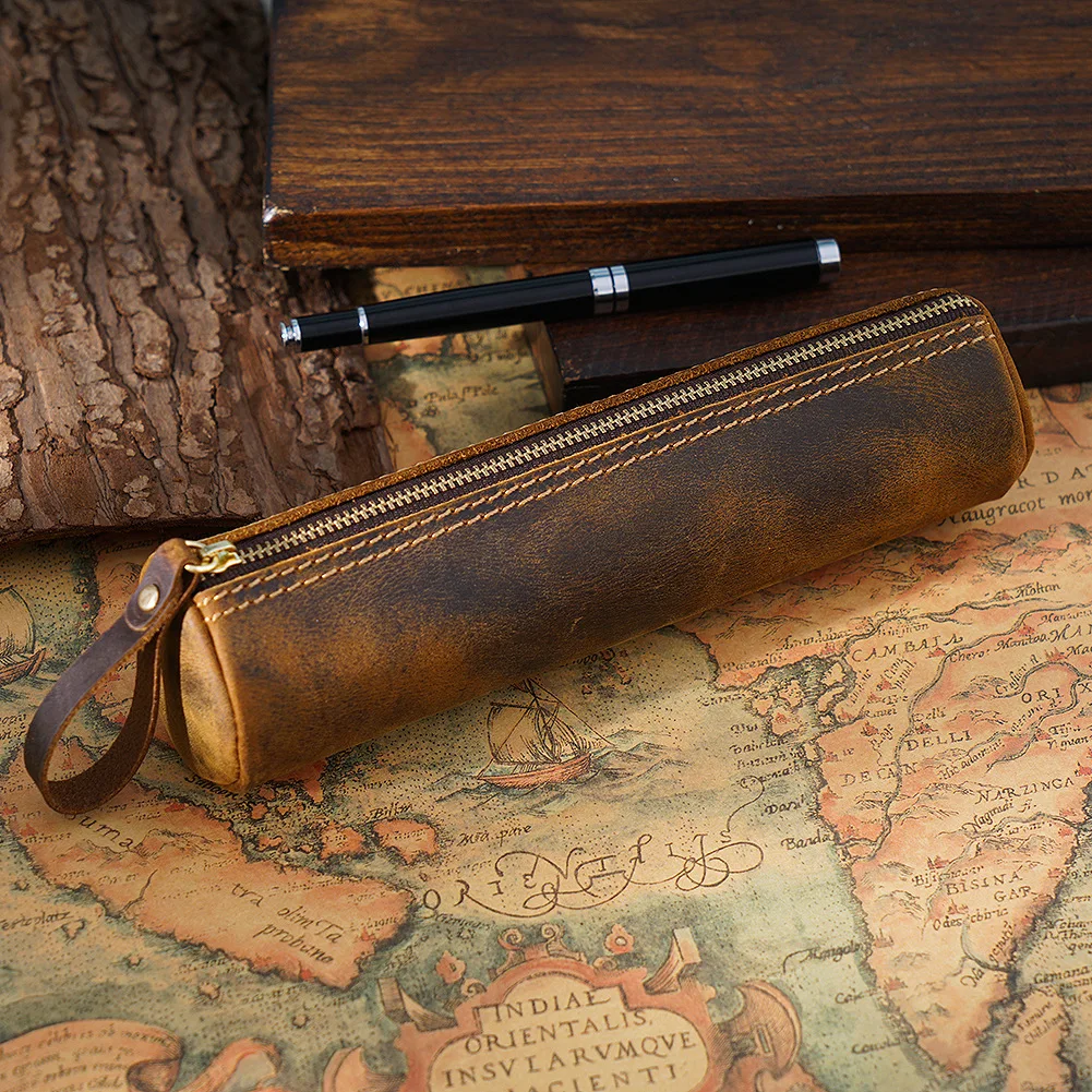 Vintage Leather Stationery Pencil Case First Layer Cowhide Crazy Horse Leather Handmade Coin Purse Student Stationery Storage