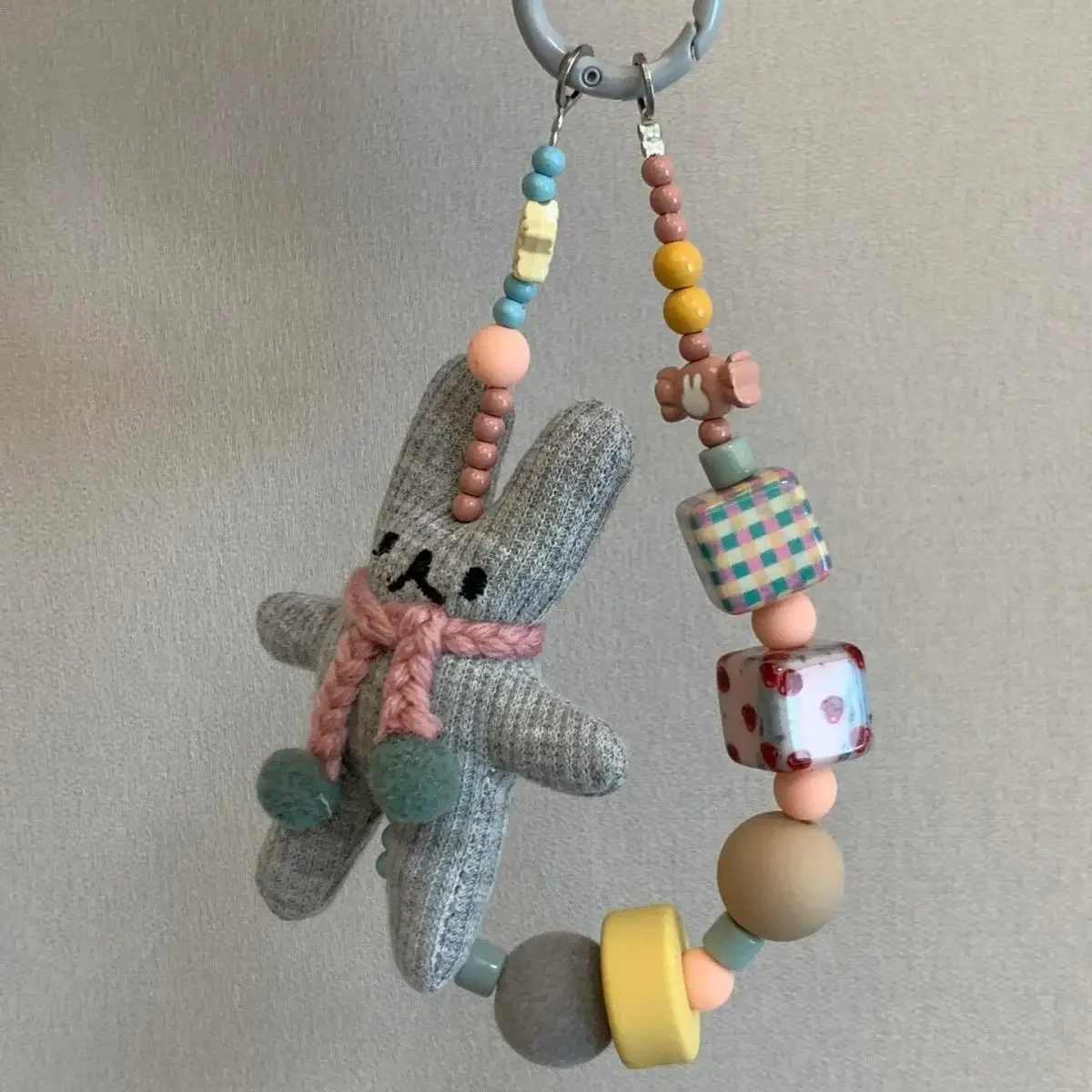 Handmade Rabbit Beaded Phone Strap Lanyard with Card Holder – Korean-Inspired Custom Design