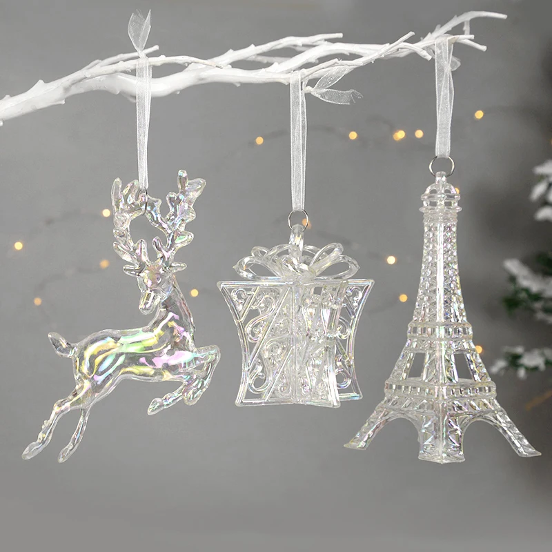 Christmas Decoration Transparent Acrylic Crystal Carriage Bells Elk Butterfly Christmas Tree Ornaments for Ice Xmas Party Decor