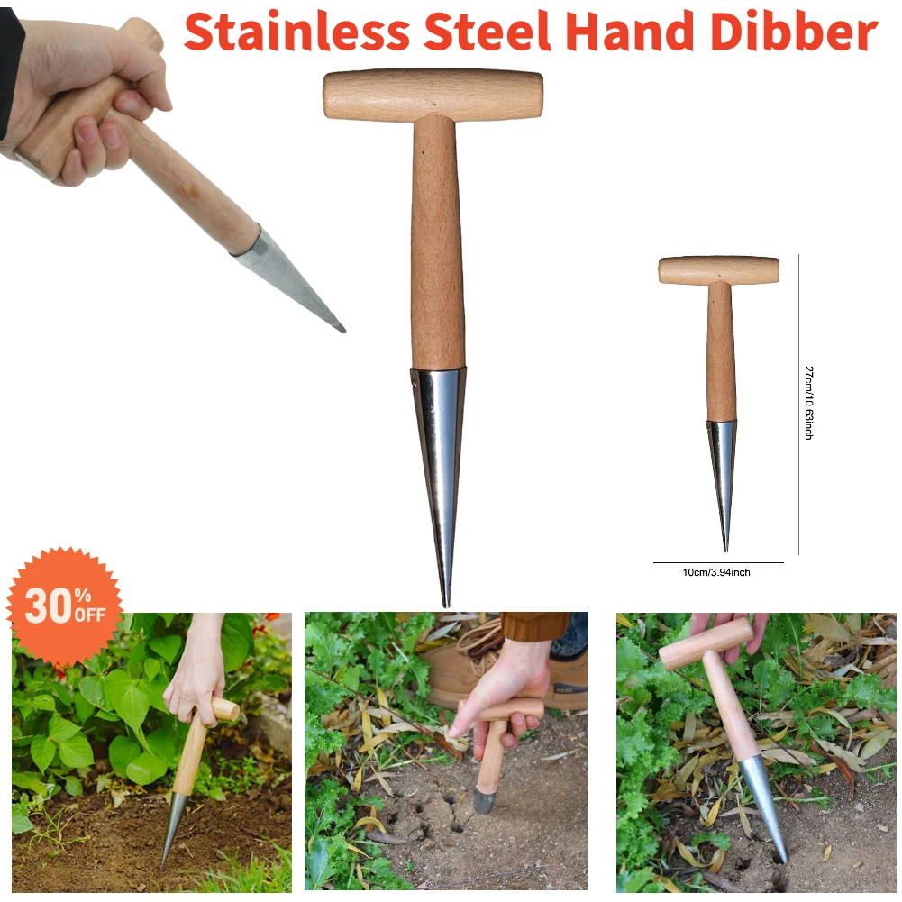 1pc Hand Dibber Garden Tool Stainless Steel Sow Dibbler With Wood Handle For Sowing Seeds Transplanting Plants Planting Bulb Dig