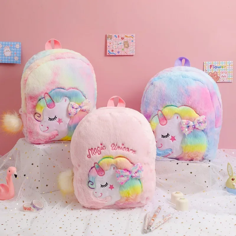 

Cartoon School Bag for Kids Rainbow Unicorn Tie Dye Plush Backpack Kindergarten Girls Schoolbag Cute Princess Backpack