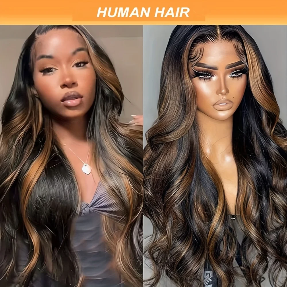 1B/30 Highlight Lace Front Wig Real Human Hair HD Transparent Lace Pre Plucked Natural Hairline Body Wave Virgin Remy Bleached Knots Glueless Design 16-38 Inch Ombre Colored Wig For Black Women Daily & Party Styling