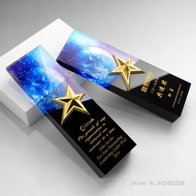 Color Crystal Trophy, Customized Metal, Five-Pointed Star, annual Meeting Souir, Excellent Staff, Home Decor