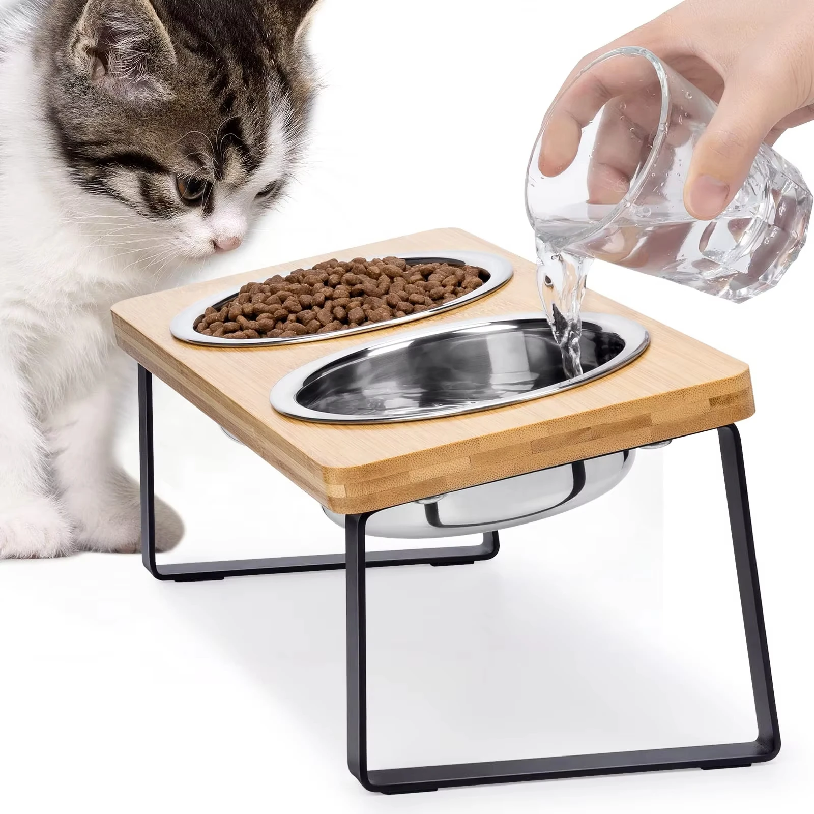 Elevated Cat Food Bowls with 15° Tilt - Raised Pet Feeder Featuring Wooden Stand and Two Stainless Steel Bowls for Cats and Pupp Elevated Cat Food Bowls with 15° Tilt - Raised Pet Feeder Featuring Wooden Stand and Two Stainless Steel Bowls for Cats and Pupp