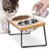 Elevated Cat Food Bowls with 15° Tilt - Raised Pet Feeder Featuring Wooden Stand and Two Stainless Steel Bowls for Cats and Pupp