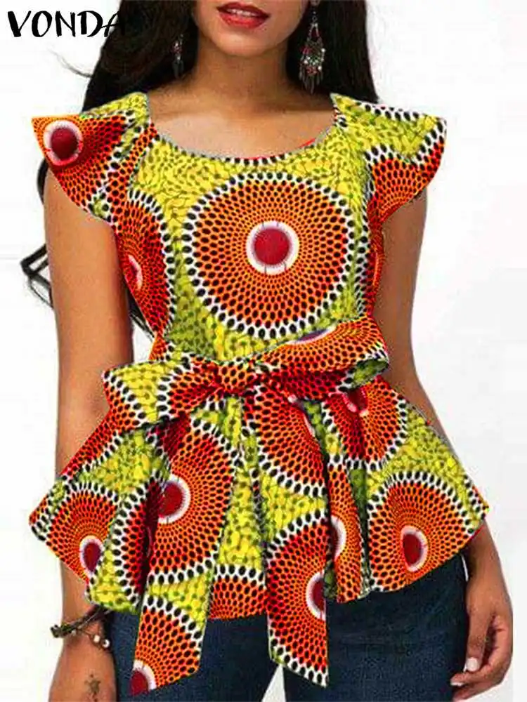 

Модная летняя блузка VONDA 2024, Женская туника с коротким рукавом, топы, повседневные богемные рубашки с принтом, винтажные пляжные Блузы для женщин с поясом