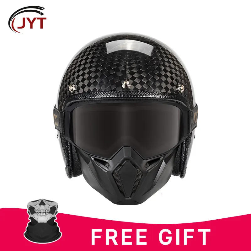 

Open Face Carbon Fiber Helmet Retro 3/4 Motorcycle Helmets with Anti-fog Mask Men Jet Style Four Seasons Free Shipping DOT