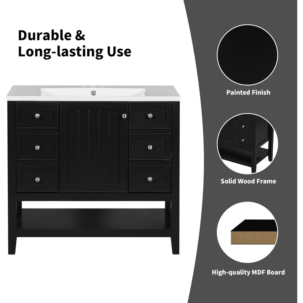 36" Bathroom Vanity with Sink Combo, Bathroom Sink Cabinet One Cabinet and Three Drawers, Solid Wood and MDF Board, Black 4