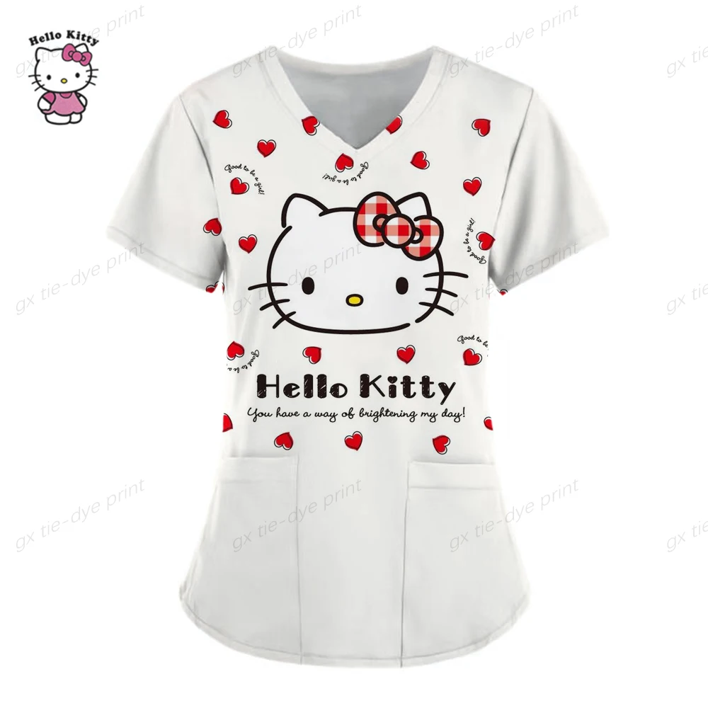 thumbnail image 1 of Camiseta de uniforme para mujer 2023, camisetas de Hello Kitty, uniforme de enfermera, bolsillo, Hello Kitty, cuello en V, ropa para mujer, tops, top de hospital, 1 of 5