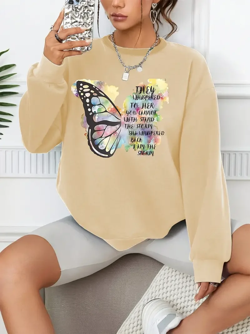 Butterfly Print Casual Loose Fashion Long-Sleeved Sweatshirt Solid Color Women's Pullover