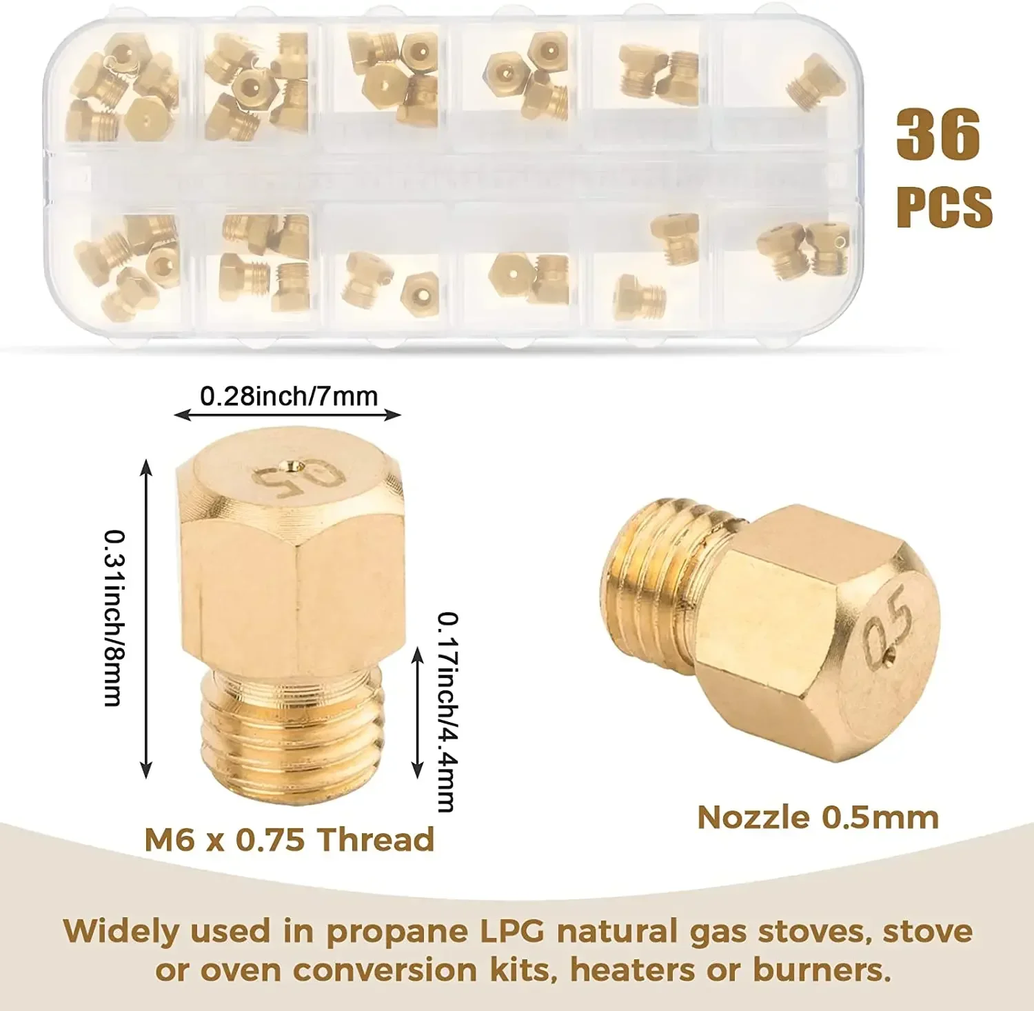 Solid Brass LP Gas Range Orifice Conversion Replacement Gas Spray Tips Gas Burner Nozzle Kit 0.3-1.9mm M6x0.75mm 36pcs/1box gas burner nozzle kit