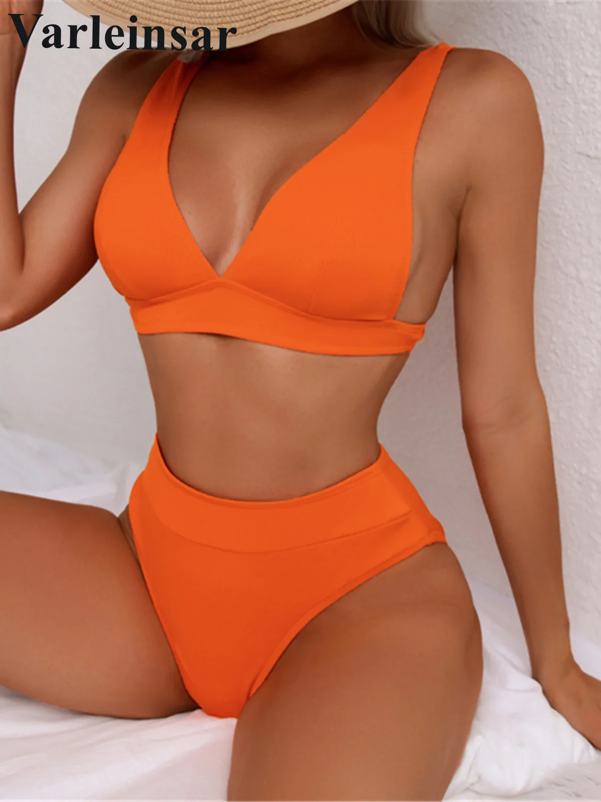 S- XL 9 Colors Ribbed High Waist Bikini Female Swimsuit Women Swimwear Two-piece Bikini set Solid Bather Bathing Suit Swim V3402 1