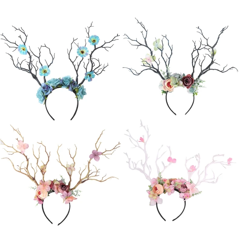 

Floral Elk Horn Headband Deer Antlers Headband Floral Headwear Festival Travelling Photo Props for Women