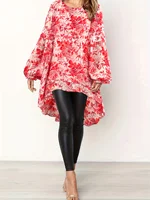 Plus size women's spring & summer solid color polyester non-elastic long back hem elegant lantern sleeve chiffon long sleeve top - Image 3