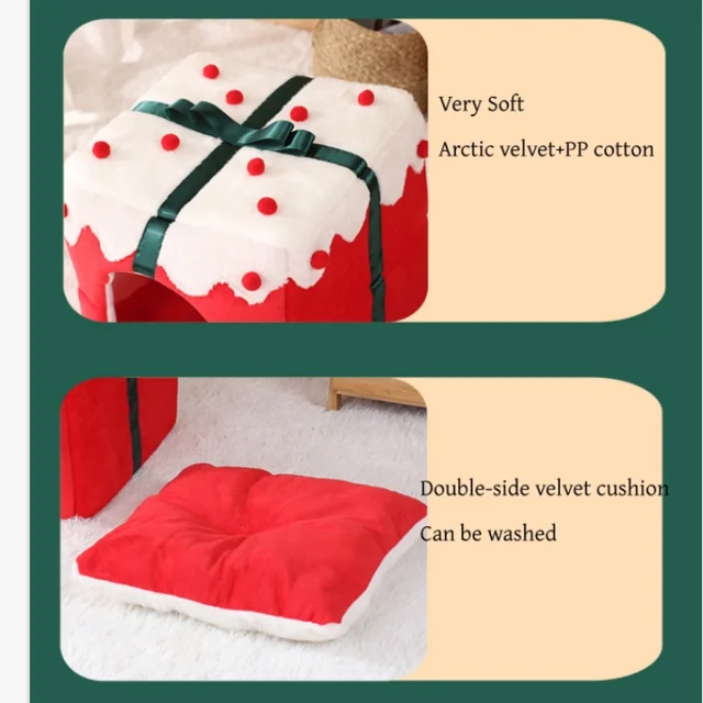 Winter Closed Cat Nest Christmas Gift Box Design Sleeping House for Cats Dogs Soft Warm Bed for Kittens Pet Party Dec Supplies 4