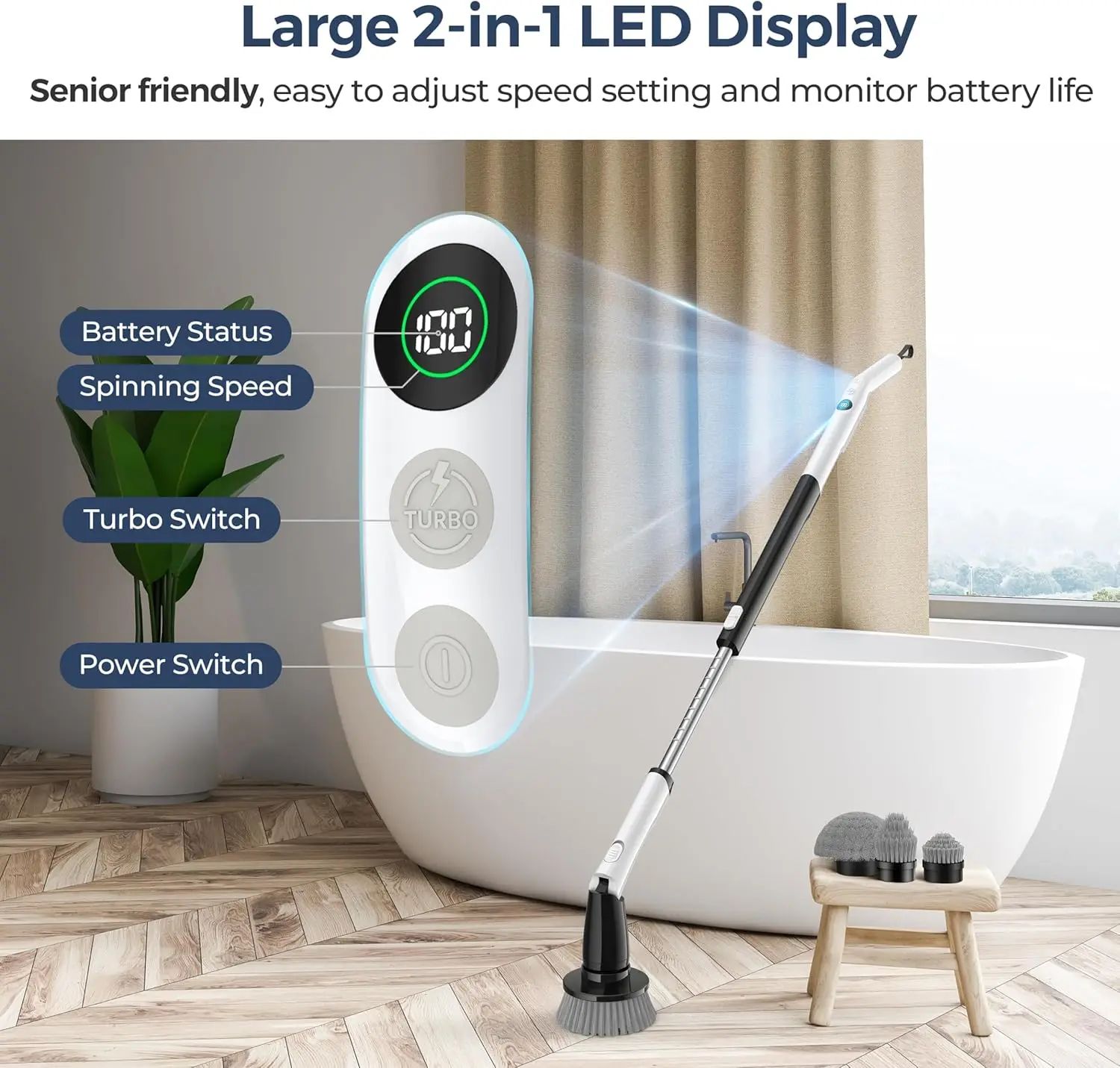 Electric Spin Scrubber Kh8,Cordless Shower Scrubber, 4 Replacement Head, 1.5H Bathroom Scrubber Dual Speed, Shower Clean