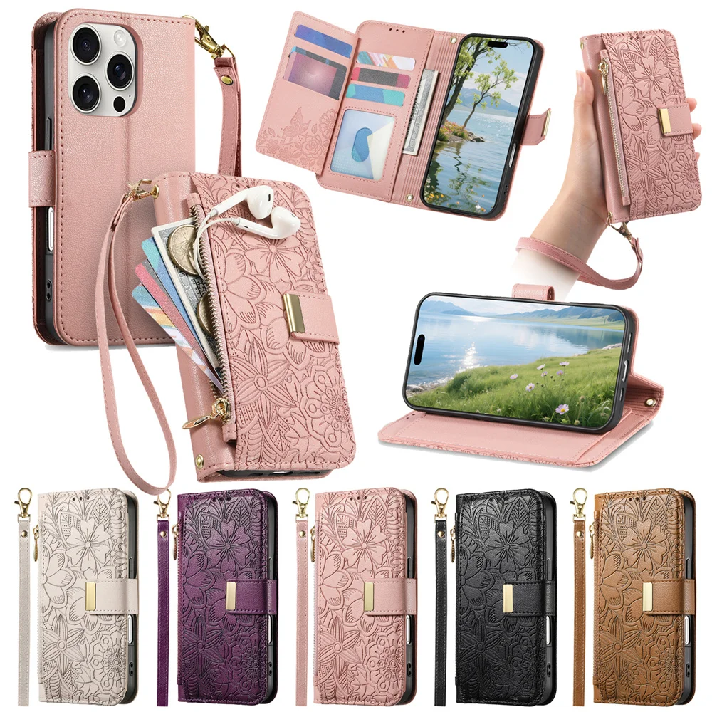 Leather Wallet Phone Case with Wrist Strap and Card Slots, Zipper Closure, and Built-In Stand Feature