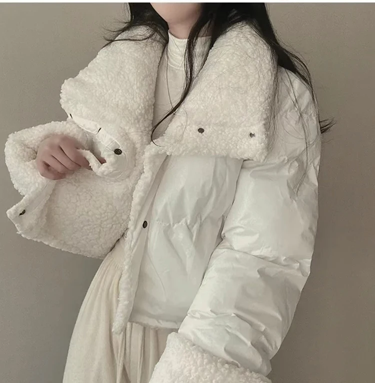 Stand Collar Drawstring Parkas Thicked Outerwears Lambswool Ropa Mujer 2025 Woman Casaco Autumn Winter Single Breasted Jacket