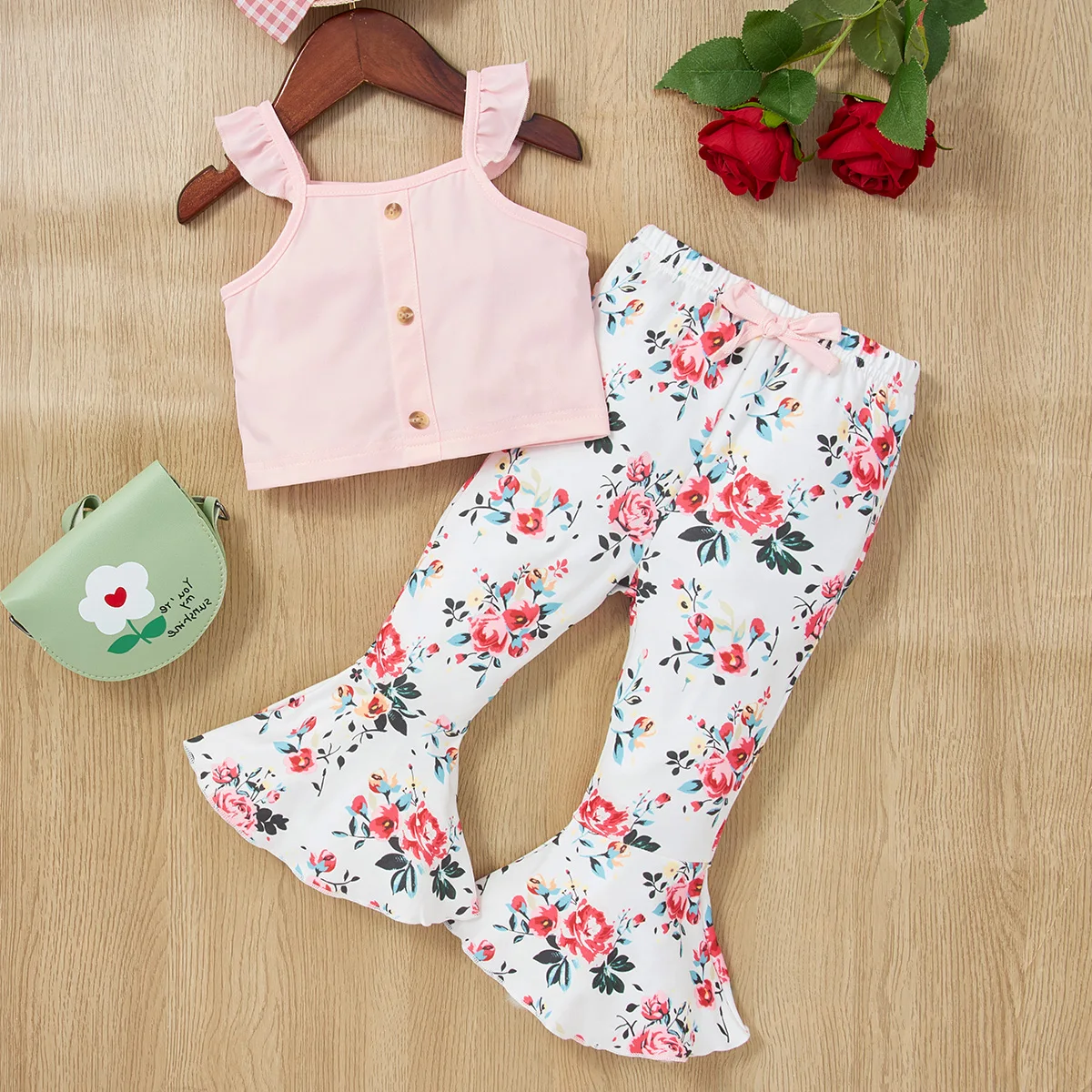 

0-2Y Newborn Clothing Baby Girl Suspended T-shirt Printed Flared Pants 2 Pcs Set