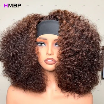 Parrucca con Fascia Completamente Realizzata a Macchina, 100% Capelli Umani, Marrone Afro, Ricci Crespi Colorati, Densità 400, Senza Colla, Ricci Senza Colla, 10-18 Pollici