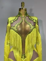 Yellow Tassel Stretch Bodycon Jumpsuit Nightclub Gogo Dance Clothing Dj Rave Outfit Nightclub Party Singer Performance Outfit - Image 5
